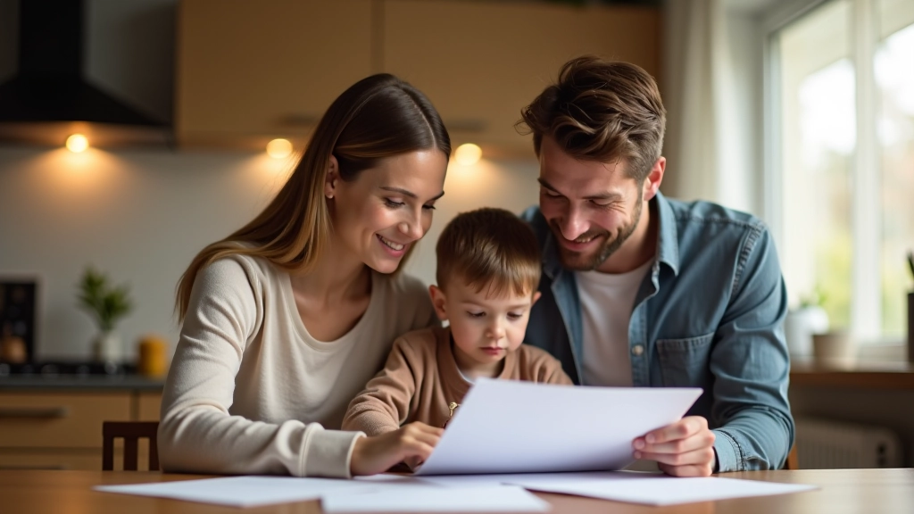 Rodina plánující finanční budoucnost u kuchyňského stolu, diskuze o rozpočtu