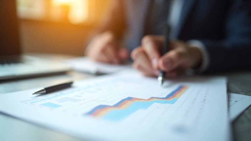 Účetní papíry s grafem růstu a pero na elegantním pracovním stole