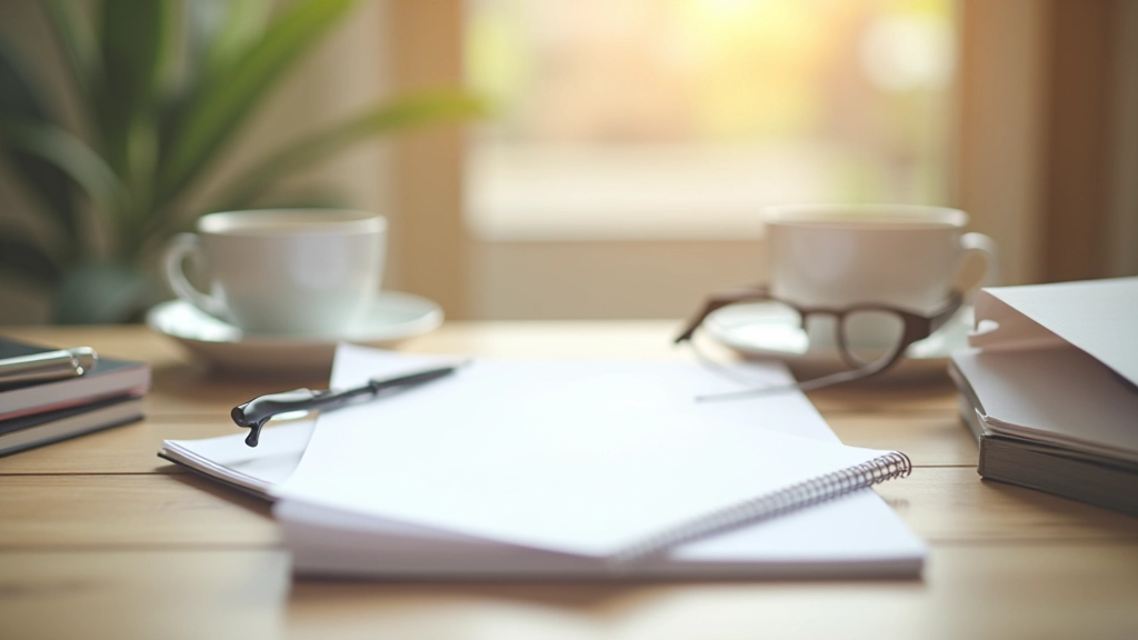Poznámkový blok s finančním plánem na klidném pracovním stole vedle šálku kávy a brýlí