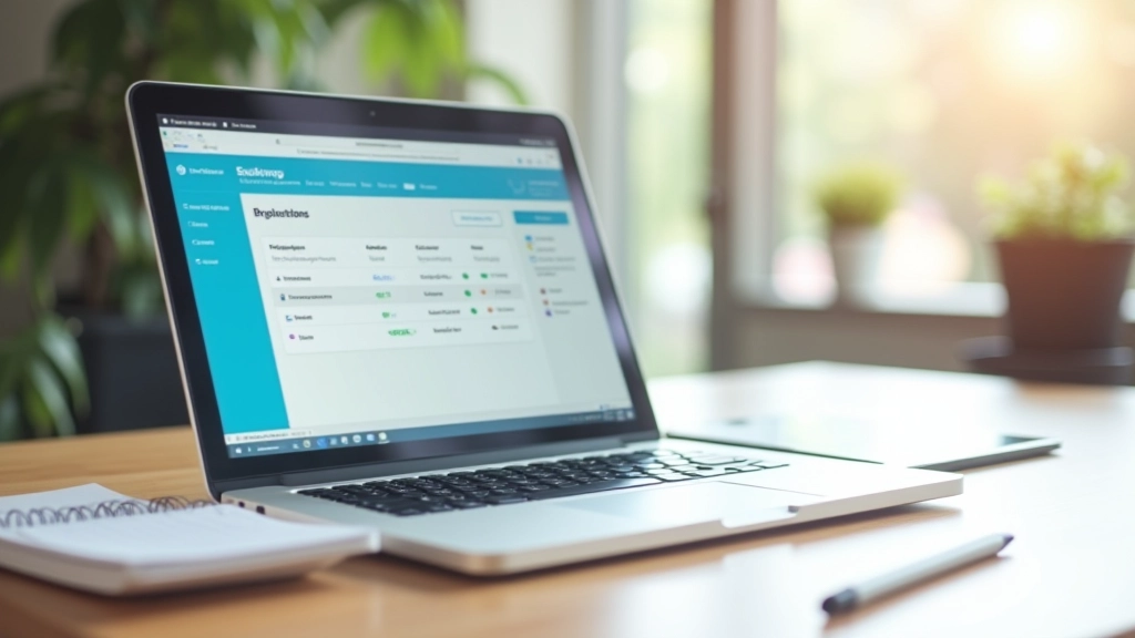 Laptop s bankovní aplikací a grafy, stůl se zápisníkem a tužkou