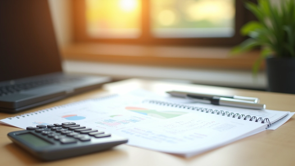 Pracovní prostor pro finanční plánování s notebookem a kalkulačkou