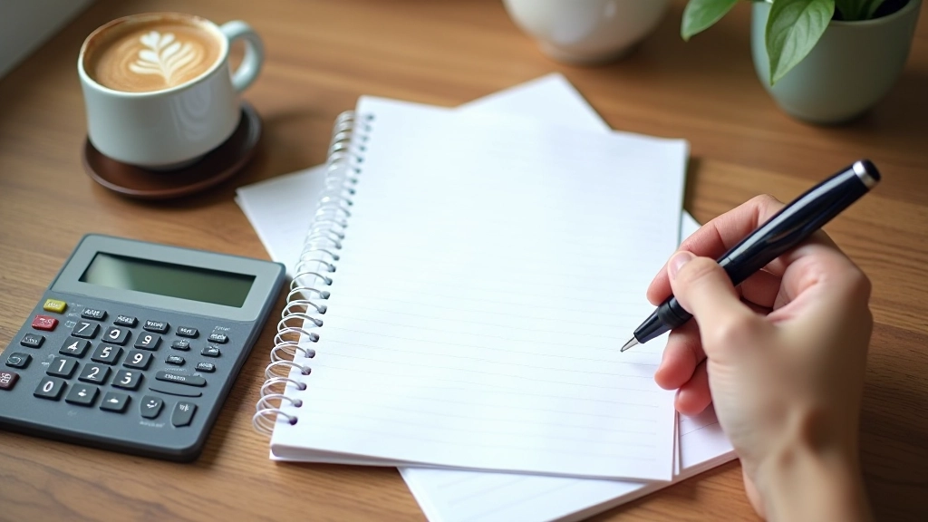 Rozpočet napsaný v poznámkovém sešitě s perem a pohledem shora na stůl