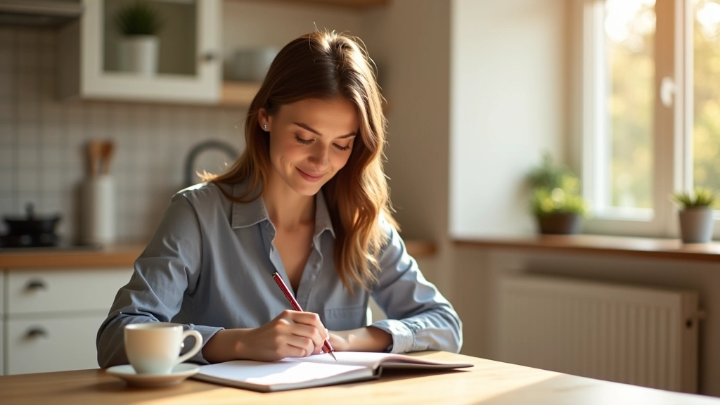Osoba zapisující si rozpočet a finanční cíle do notebooku na kuchyňském stole